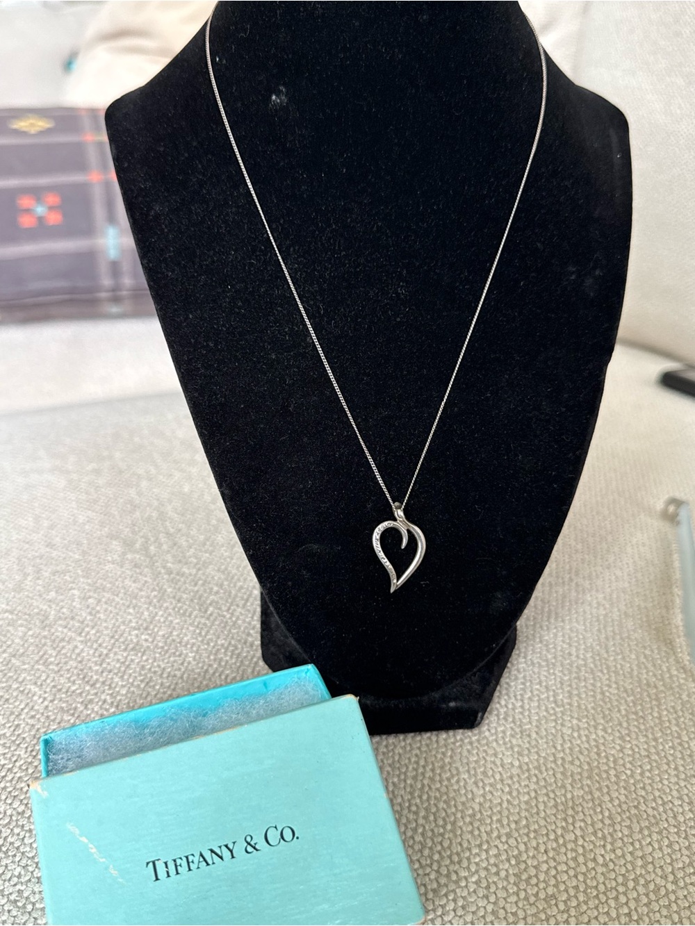 Tiffany & Co. Silver Open Heart Pendant Necklace with Blue Box